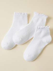 3 Pairs Kids Solid Color Ruffled Soft Wave Socks