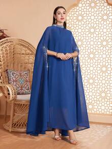 Women's Solid Color Stand Collar, Cuff & Neckline Embellished With Beading, Rhinestones, Asymmetrical Hem Long 2 Pieces Arabic Abaya, Suitable For Various Occasions - Festivals, Gatherings, Daily Wear, Soft & Comfortable - Blue - View 5