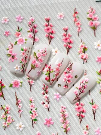 A New Pink Tree Branch Peach Blossom Nail Art Sticker, Three-Dimensional Relief Beautiful Flower Back Adhesive Sticker