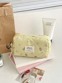 Bolsa de maquillaje de tela suave con patrón floral sobre fondo amarillo, con cierre de cremallera. Bolsa de almacenamiento linda para cosméticos, artículos de tocador, uso doméstico, viajes y mujeres