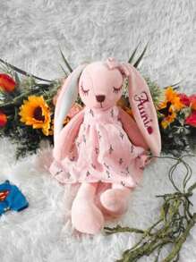 Customized Embroidered Text Rabbit Plush Doll - Rabbit Ears Can Be Embroidered With Custom Text/Name On Single Or Both Ears, Back To School Gift, Bunny Dress, Decorative Rabbit, Gift For Girlfriend, Kid's Birthday, Newborn, New Mom, Anniversary, Party Decor - Pink - View 2