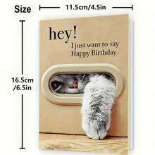 Adorable Cat Birthday Greeting Card - "Hey! Just Wanted To Wish You A Happy Birthday" Message, Includes Envelope, Cartoon Animal Themed, Tactile, Suitable For Any Recipient, Birthday Card