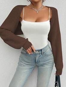 Áo cardigan ngắn tay raglan màu trơn, chất liệu dệt gân, kiểu dáng thường ngày. - màu nâu - Xem 5