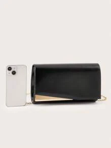 Shiny Luxury Envelope Clutch Bag, Decorated With Cross Texture Golden Hardware, PU Material, With Metal Chain, Suitable For Wedding, Party, Prom, Birthday Gift And More, Large Capacity To Fit Phone, Cosmetics, Etc. - Black - View 6