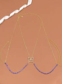 1 件金属镂空蝴蝶身体项链，带蓝色水钻，夜总会派对珠宝，女士 - 金色 - 查看 2