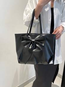 Fashionable Solid Color Shoulder Tote Bag With Butterfly Decor, Elegant And Cute Bowknot Ladies Handbag, Versatile Work Bag - Black - View 4