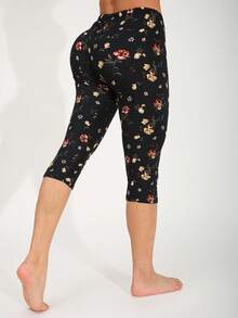 女士休闲时尚百搭 3/4 长度紧身裤，黄色花卉图案，柔软舒适弹力修身裤，适合健身、瑜伽、户外活动、居家、旅行