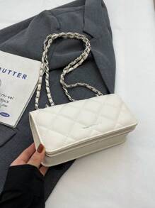 迷你钻石网格链条肩带手提包，简约设计斜挎单肩包，通勤时尚 - 白色 - 查看 7