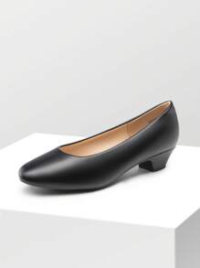 Women's Wide Fit Low Chunky Heel Pump Elegant Solid Color Shoes - màu đen - Xem 3