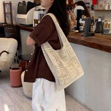 1pc Handmade Knitted Shoulder Bag For Women, 2025 New Casual Commuter Hollow-Out Handbag, Large Capacity Woven Tote, Beach Bag, Summer, Beach, Retro Style, Versatile, Open-Top Design, Suitable For Casual Business Women, Travel Essentials, Fit For Travel/Work/Commute/Daily Outfit/School, Gift For Girlfriend, Friend, Family, Mom, Holiday Present, Mother's Day - Apricot - View 9
