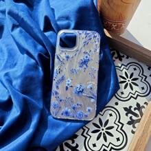 1 pièce Étui de téléphone en TPU souple à motif floral bleu vintage, design élégant de plumes dégradé, style artistique luxueux avec laser scintillant, compatible avec Apple/OPPO/VIVO/Honor/Redmi/Transsion smartphones