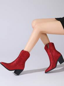 Women's Rhinestone Western Cowboy Boots Fashion Chunky Heel Pointed Toe Glitter Ankle Boots For Outdoor Party,Side Zipper Comfortable Rhinestone Short Boots - Red - View 1