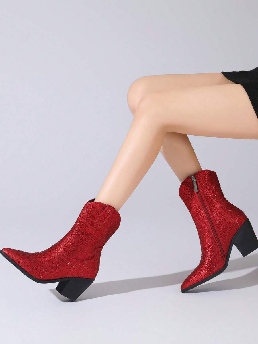 Women's Rhinestone Western Cowboy Boots Fashion Chunky Heel Pointed Toe Glitter Ankle Boots For Outdoor Party,Side Zipper Comfortable Rhinestone Short Boots - Red - View 1