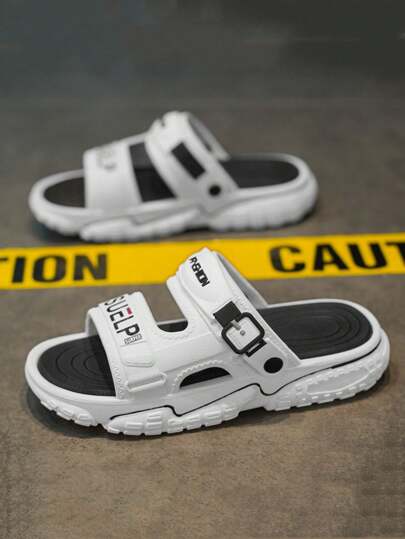 L.S.W.P 男士时尚字母印花拖鞋，舒适透气休闲拖鞋，防滑软底拖鞋，厚垫鞋底 - 防滑，休闲拖鞋，户外沙滩装的理想选择