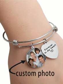 Customized Photo Stainless Steel Bracelet - Simple Style Heart Pendant Bracelet With The Inscription "Always In My Heart", Perfect For Daily And Gift Occasions, Perfect For Mother's Day, Personalized Family Photo Customization. - Silver - View 1