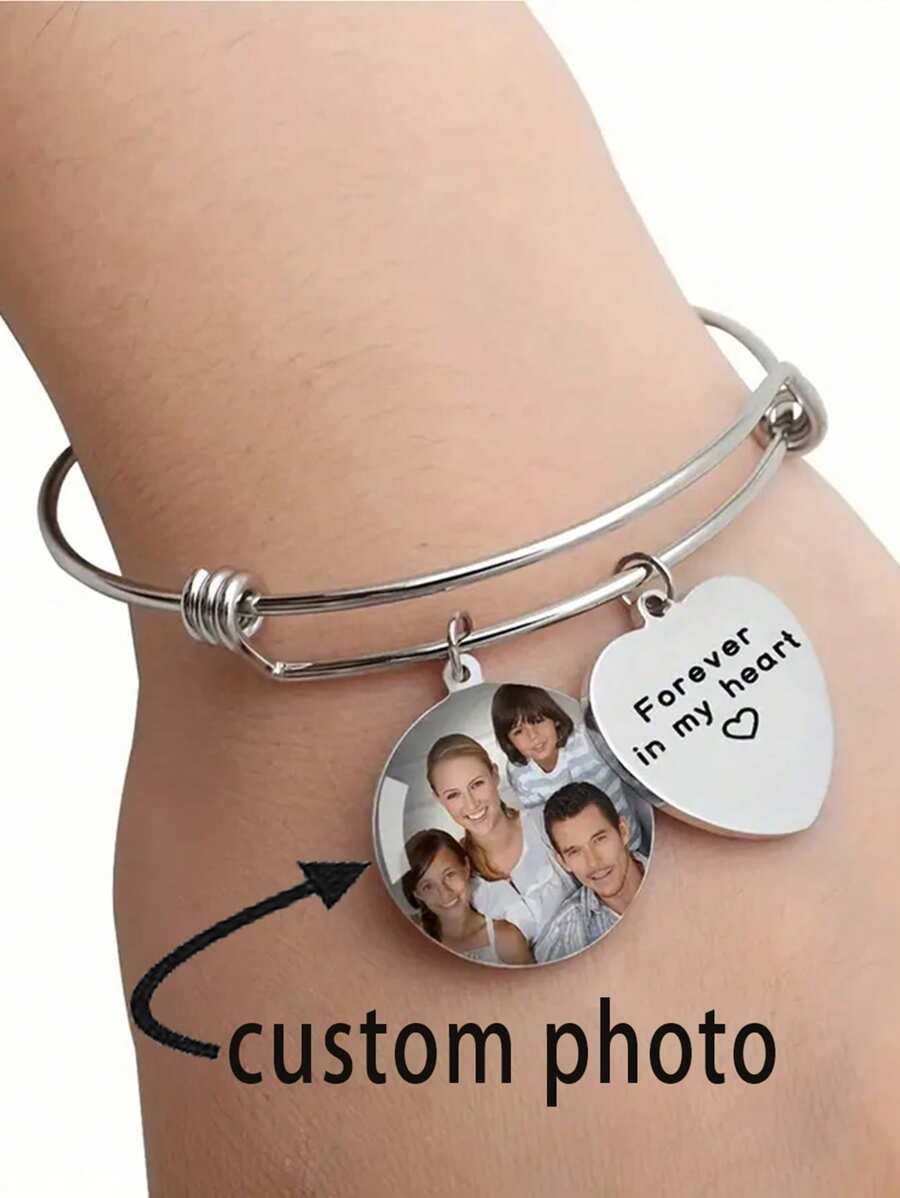 Customized Photo Stainless Steel Bracelet - Simple Style Heart Pendant Bracelet With The Inscription "Always In My Heart", Perfect For Daily And Gift Occasions, Perfect For Mother's Day, Personalized Family Photo Customization. - Silver - View 1