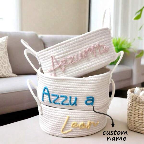 Personalisierter Namens-Aufbewahrungskorb aus Baumwollseil, DIY personalisierter Namens-Aufbewahrungskorb aus Baumwollseil, Unordnungs-, Spielzeug- und Kosmetikaufbewahrung, Wolltierkäfig