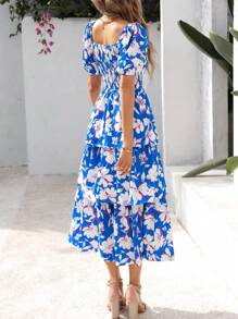 Women Summer Puff Short Sleeve Midi Dress Floral Printed Square Neck Smocked Dress Ruffle Tiered Flowy Long Dress Casual Spring Holiday Vacation Garden Boho Bohemian Wedding Guest Valentine Maxi Dress - 藍色花 - 查看 2