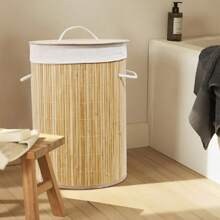 Bamboo Laundry Basket, Large Capacity Collapsible Movable Hamper With Lid & Wheels, Rectangular/Round, Space-Saving Storage For Bathroom, Laundry Room, Bedroom Home Bathroom Decor Bathroom Accessories Bathroom Organizer Fall Decor Back To School - Bamboo Original Color - View 11