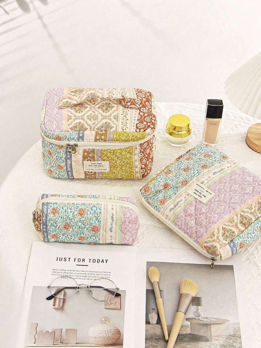 Quilted Makeup Bag Set, Floral Cosmetic Bag Aesthetic Toiletry Travel Organizer Bag Gift For Women Girls Storage Makeup Organizer Makeup Case,For Storing Skin Care Items, Lipsticks, Hair Accessories, Or As A Travel Necessity, Birthday Gift, Bridesmaid Gift, Teacher Gift, Or Mother's Day Gift For Girlstravel Essentials Vacation Summer Holiday Back To School School Stuff Bag For School Travel Bag For Women Makeup Bag For Travel Make Up Bag - Multicolor - View 1
