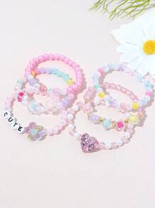 6pcs/Set Kids Flower Heart Word Beaded Bracelet Set, Random Colors