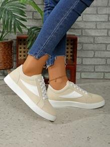 女士卡其色休闲运动鞋，舒适时尚百搭系带防滑学生跑步平底鞋 - 卡其色 - 查看 6