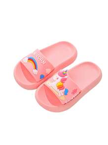 儿童彩虹独角兽图案厚底休闲可爱拖鞋，女童多功能舒适防滑凉鞋，适合室内外时尚穿着 - 粉色 - 查看 5