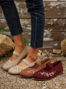 女士刺绣针织休闲平底鞋，圆头宽楦舒适透气刺绣布鞋，轻便休闲一脚蹬鞋，适合妈妈们，四季皆宜，芭蕾平底鞋 - 米色 - 查看 3