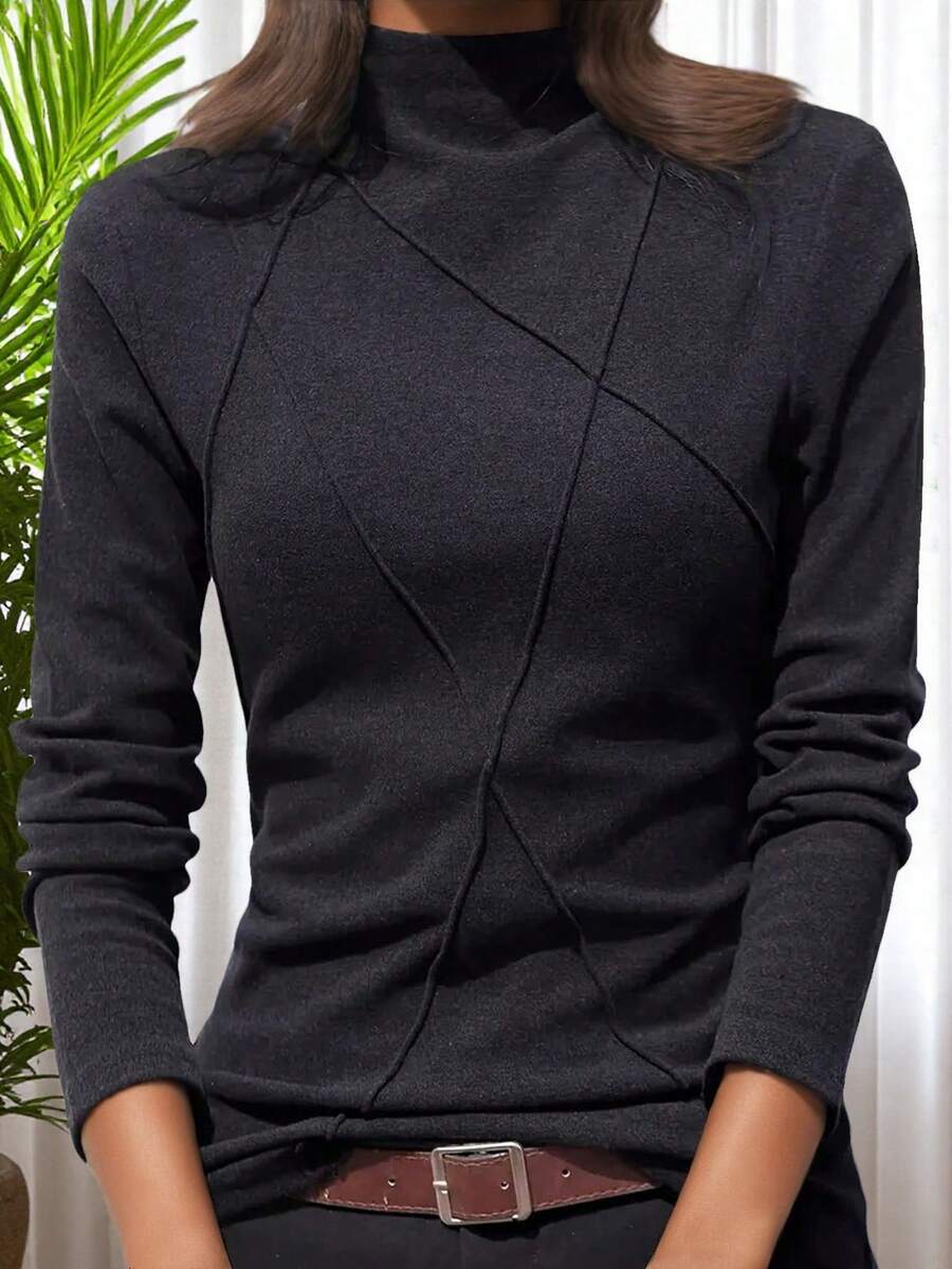 Thermal Lined High Neck Base Layer Top For Women, Contrasting Fishbone Pattern Insert Design, New Autumn/Winter Arrival - Black - View 1