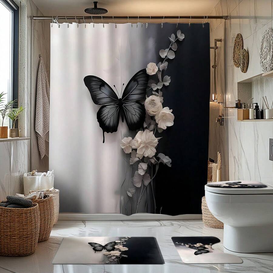 4 Stücke Badezimmer Set im Schmetterling Rose Motiv, inklusive Duschvorhang, Badematte, U-förmiger Toilettendeckel, Toilettenabdeckung, wasserdichter Duschvorhang, modischer Vorhang für Badezimmerdekoration, moderne Badezimmer Trennwand Vorhang, ohne Bohren, aus Polyester, maschinenwaschbar, Weihnachtsdekoration