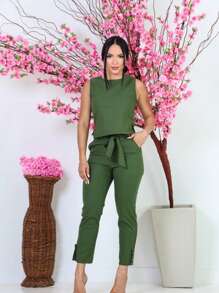 Women's Formal Set Cropped Trousers With Tie - Army Green - View 2