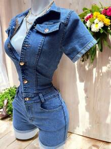 YOREE STRETCH DENIM JUMPSUIT WITH GOLDEN BUTTONS MOD. - 淺色水洗藍 - 查看 6