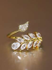 rakol 1 件方晶锆石优雅麦叶装饰开口戒指，适合女性日常佩戴