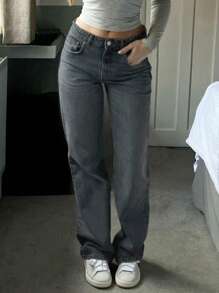 MYOURSA Low-Rise Straight Leg Washed Jeans, Loose Fit, Casual Commute Daily Wear, Women, Blue-Gray - Grey - View 3