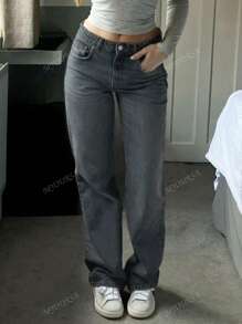 MYOURSA Jeans en denim simple et décontracté avec poches avant à boutons pour femmes