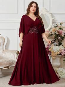 UNITHORSE Plus Size V-Neck Batwing Sleeve Front Embroidered Beaded Decor Chiffon Cocktail Dress, Bridesmaid Dress, Bridal Dress, Birthday Party Dress, Graduation Dress, Formal Dress - Burgundy - View 1