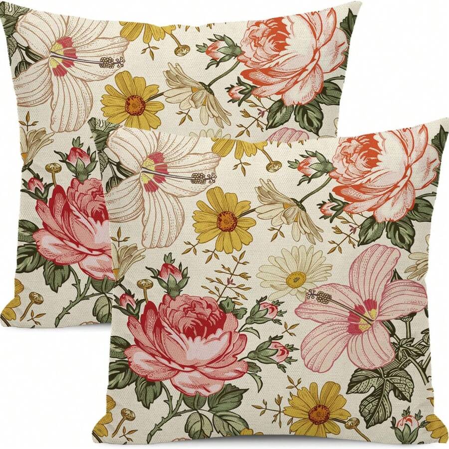 2pcs Spring Pillow Covers, Pink & Yellow Vintage Hibiscus Floral Pattern, Outdoor Decor, Summer Rustic Farmhouse Linen Fabric Sofa Cushion Covers, Single-Sided Design, Pillow Insert Not Included - Pink - View 1