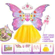 Conjunto de disfraz de hada ángel para niños - Incluye mochila con alas de mariposa luminosas, falda, corona, varita mágica; Alas de hada eléctricas, alas de ángel; Disfraz para representaciones, fiestas, cumpleaños, regalos para niñas