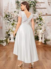 Plus V-Neck Lace Sequin Insert Contrast Satin High Low A-Line Hem Evening Party Formal Dress, Prom Dress, Wedding Guest Dress, New Year Dress, For Birthday, Homecoming, Festivals - White - View 3