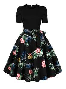 Vestido casual de fiesta de longitud a la rodilla, de cuello redondo, manga abullonada, con estampado floral vintage elegante de verano - Negro - Ver 1