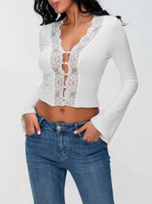 Women's Lace Deep V Neck Long Sleeve Low Cut Crop Top Slim Fitted T Shirt Button Up Open Front Fall Going Out Shirts Solid Color Everyday Basics Flare Sleeve Tops Back To School Outfits,Office Wear,Club Streetwear - 白色 - 查看 5