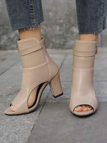 Khaki High-Top Sandals, Thick Heel Zipper Closure PU Leather Open Toe Metal Buckle Accent Women Shoes, Solid Color