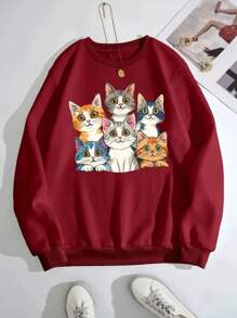 Cat Print Sweatshirt 100% Cotton Comfortable Winter Fashion - Burgundy - View 1