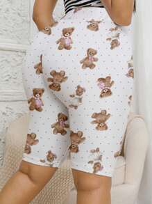 Plus Size Women's High Stretch Fitted Shorts, Teddy Bear Print Pattern With Button Decor, Casual & Comfortable Knitted Pants - Multicolor - View 4