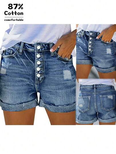 Casual Distressed Denim Frayed Multi-Button Shorts