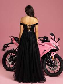 VIPGIRL Off Shoulder Tương phản Sequin Bao bên Ăn mặc trang trọng - màu đen - Xem 3