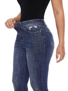 Plus Size Women Straight Leg Jeans High Rise Slit Hem Bootcut Stretchy Denim Pants Casual Daily
