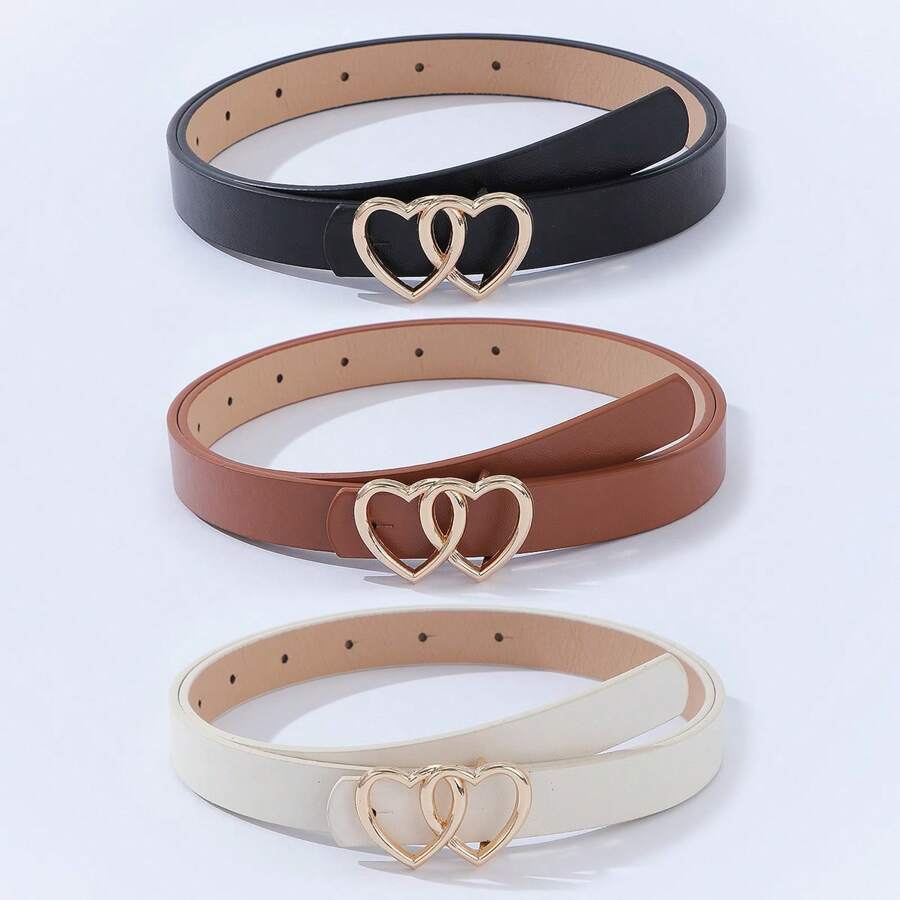 1/3pcs/Set Heart & Figure-8 Buckle PU Leather Black/White/Brown Casual Fashion Belts For Women, Suitable For Skirts/Pants, All Season