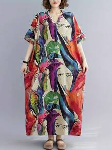 Plus Size Printed Pocket V-Neck Dress, Minimalist & Fashionable, Suitable For Summer Vacation Elegant - Mixed Colors - View 5