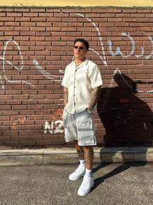 2025 Men's Solid Color Casual Minimalist Bamboo Node Printed Short Sleeve Shirt, Spring/Summer - Black and White - View 3